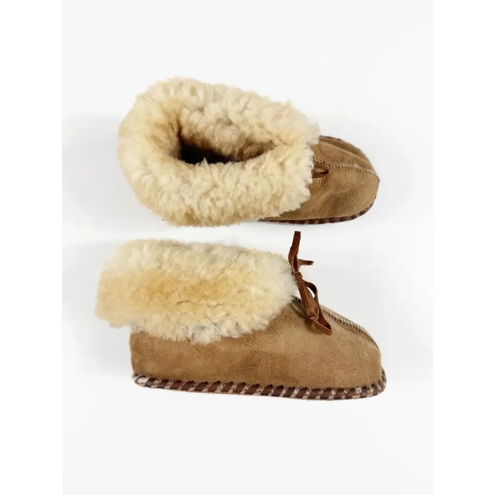 Handmade Genuine Sheepskin Suede Slippers Tan Soft Sole Toddler Size 8